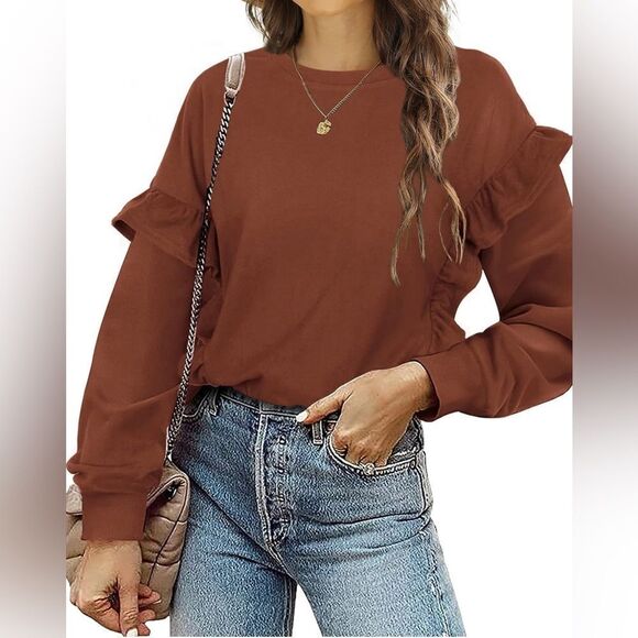 Long Sleeve Brown Sweater with ruffles. Size small. - Picture 4 of 9